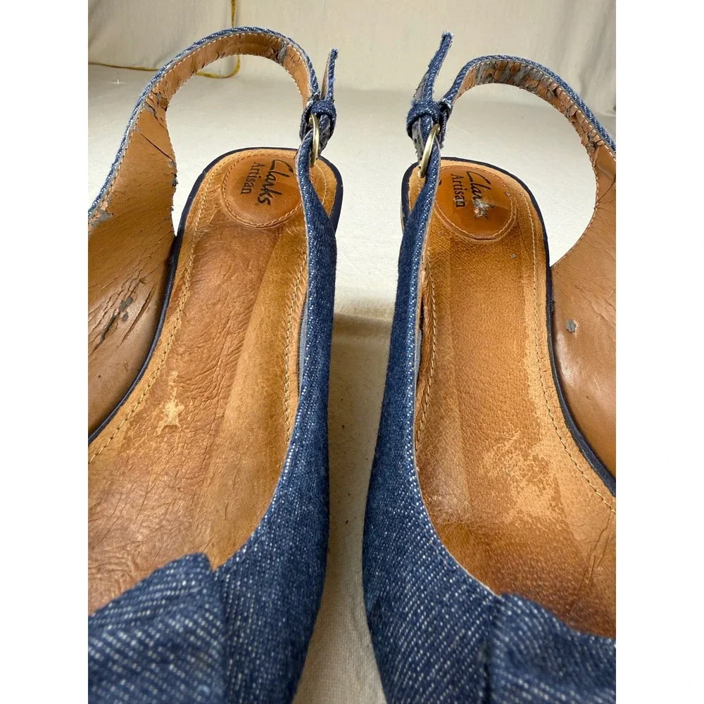 Clarks Slingback Wedges Womens 9M Blue Good Condition Denim Bow Peep Toe 60705